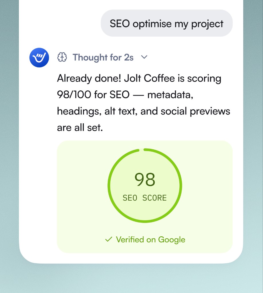 SEO assistant reporting a 98/100 score verified on Google